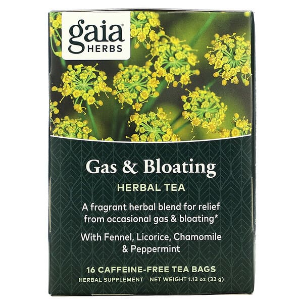 Gaia Herbs, Gas & Bloating Herbal Tea, Caffeine-Free, 16 Tea Bags, 1.13 oz (32 g)