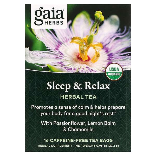 Gaia Herbs, 허브 티, 수면 및 안정, 카페인 무함유, 티백 16개, 27.2g(0.96oz)