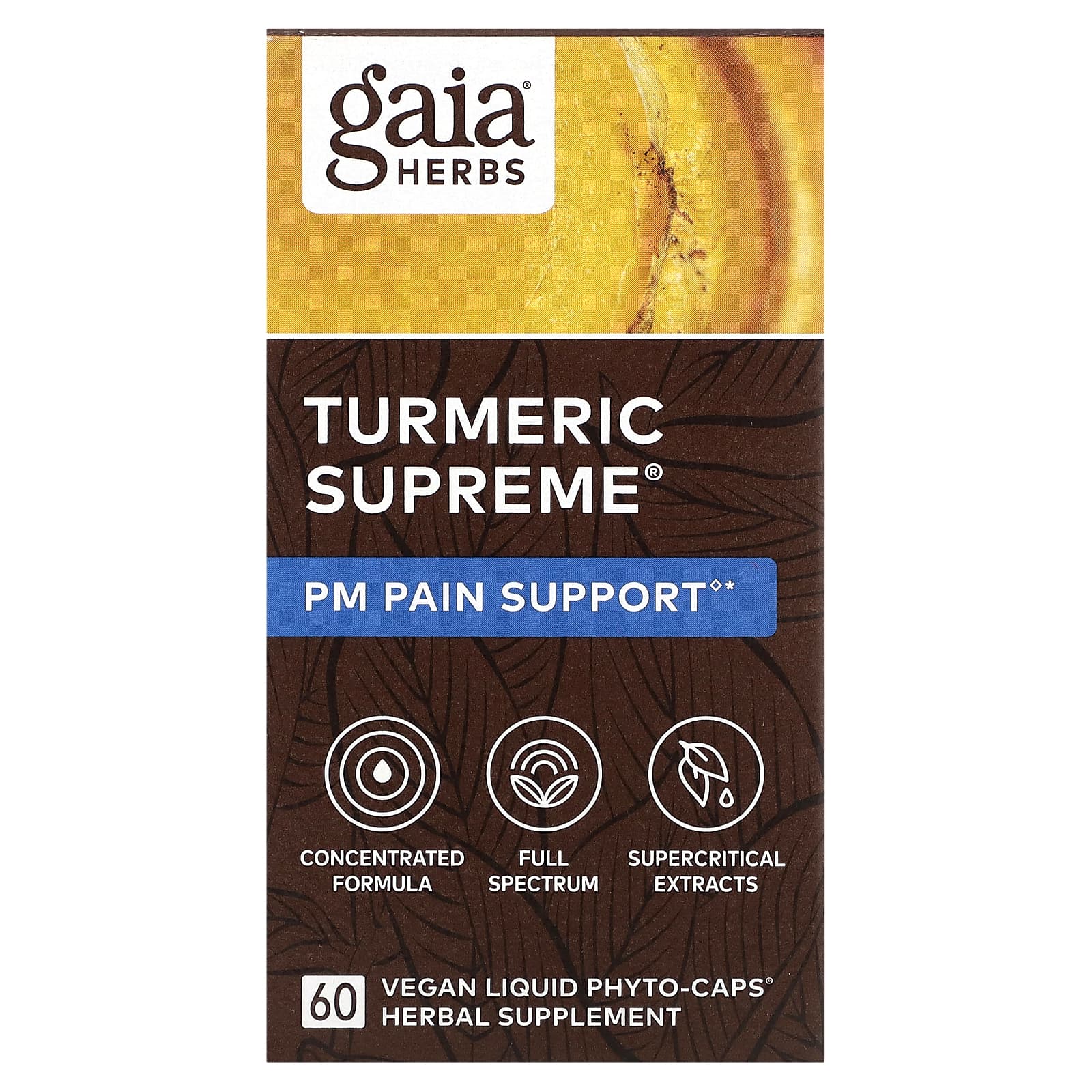 Gaia Herbs, Turmeric Supreme, PM для поддержки боли, 60 веганских жидких  фитокапсул