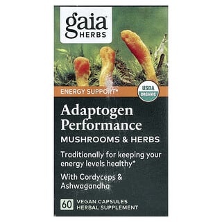 Gaia Herbs, Adaptogenní výkon, houby a bylinky, 60 veganských kapslí
