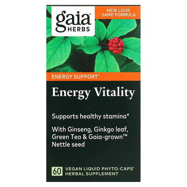 Gaia Herbs, エネルギーバイタリティー、液状ヴィーガンPhyto-Caps（フィトキャップ）60粒