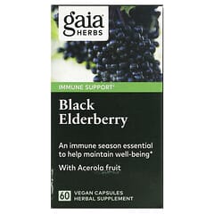 Gaia Herbs, ブラックエルダーベリー、アセロラフルーツ、ヴィーガンカプセル60粒
