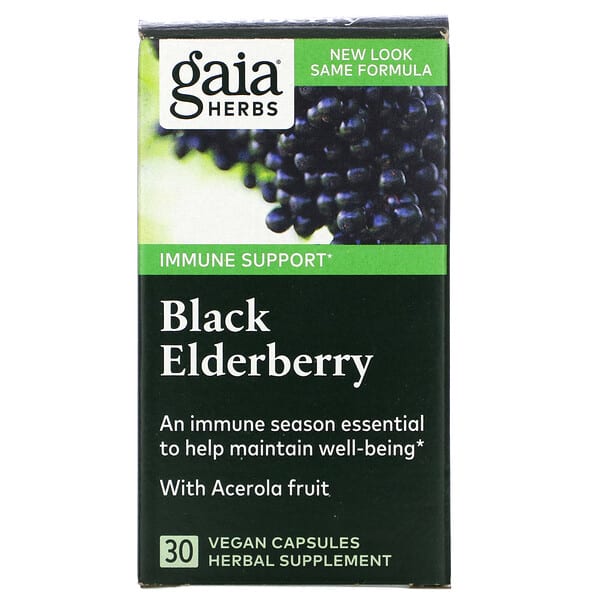 Gaia Herbs, 黑接骨木，含光滑金虎尾果，30 粒素食胶囊
