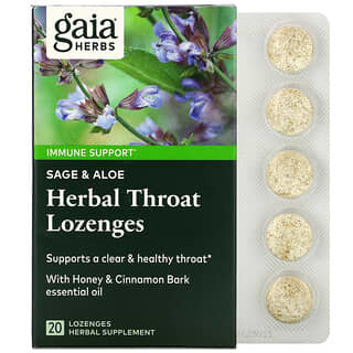 Gaia Herbs, أقراص استحلاب عشبية للحلق، المريمية والصبار، 20 قرص استحلاب