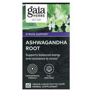 Gaia Herbs‏, שורש אשווגנדה, 60 כמוסות טבעוניות מבית Phyto-Caps®‎