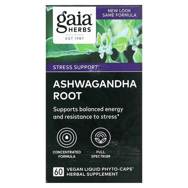 Gaia Herbs‏, עשבי מאכל בודדים, שורש אשווגנדה, 60 כמוסות פיטו נוזליות טבעוניות