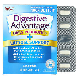 Schiff, Digestive Advantage، دعم يومي للبروبيوتيك + اللاكتوز، 32 كبسولة
