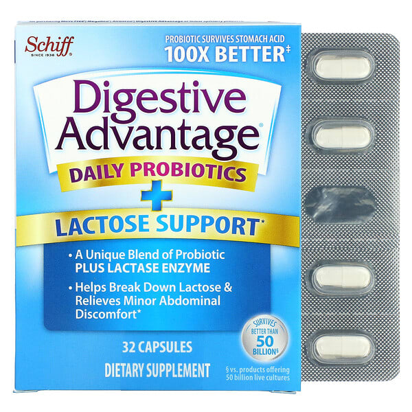 Schiff, Digestive Advantage, пробиотик с лактазой для ежедневного применения, 32 капсулы (Товар снят с продажи) 