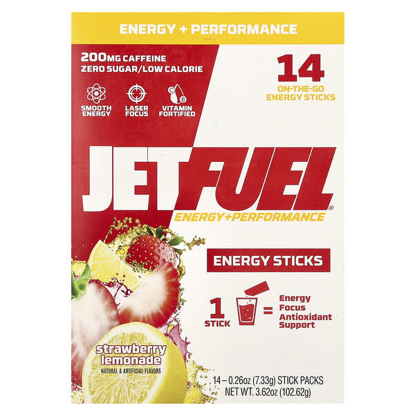 GAT JetFuel®, Energy + Performance, Energy Sticks, Strawberry Lemonade, 14 Stick Packs, 0.26 oz (7.33 g) Each