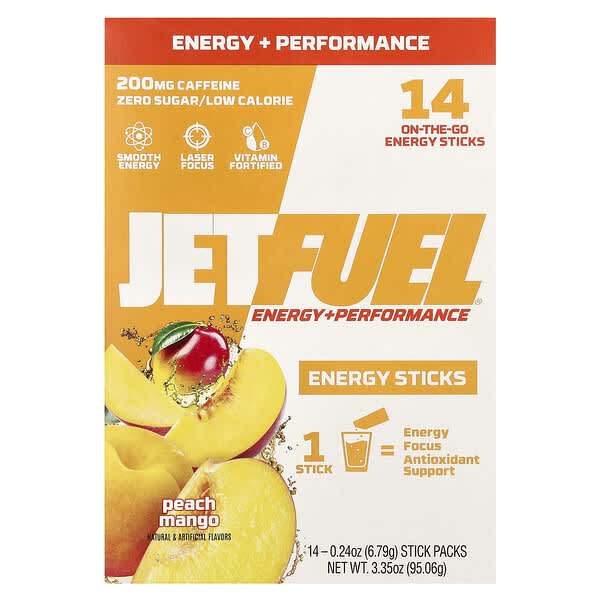 GAT JetFuel®, Energy + Performance, Energy Sticks, Peach Mango, 14 Sick Packs, 0.24 oz (6.79 g) Each