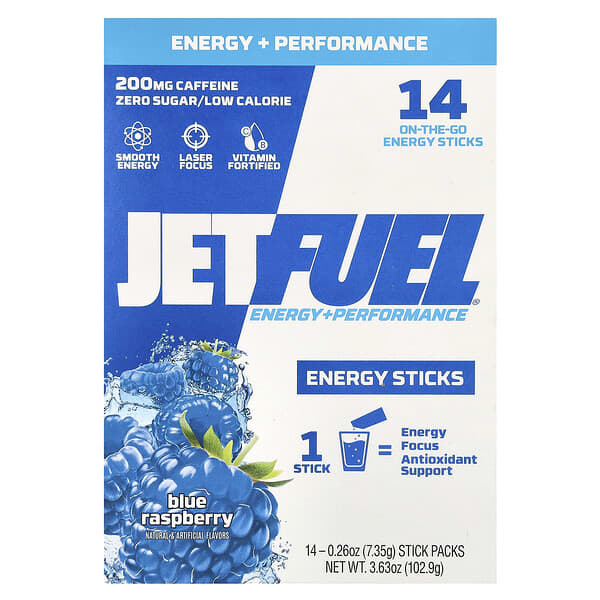 GAT JetFuel®, Energy + Performance, Energy Sticks, Blue Raspberry, 14 Stick Packs, 0.26 oz (7.35 g) Each
