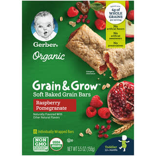 Gerber, Organic, Grain & Grow, Soft Baked Grain Bars, 12+ Months, Raspberry Pomegranate, 8 Individually Wrapped Bars, 0.68 oz (19 g) Each