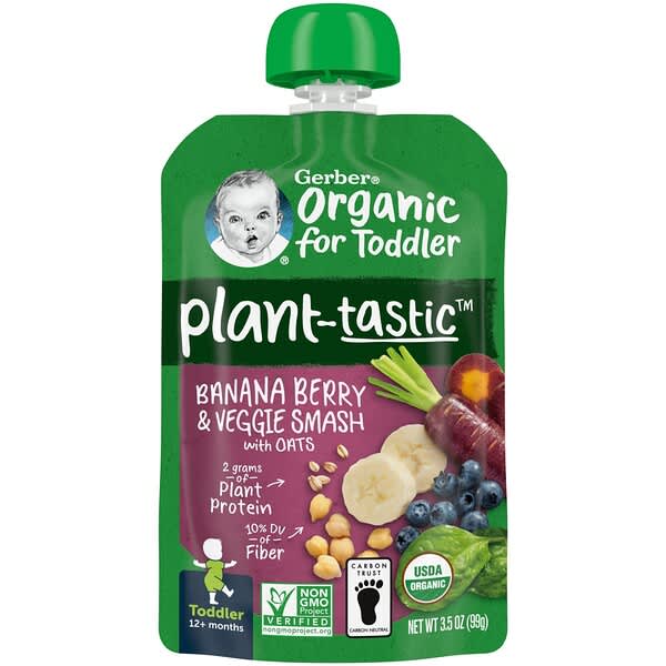 Gerber, Plant-Tastic，幼兒有機食物，香蕉漿果蔬燕麥，12 個月以上，3.5 盎司（99 克）