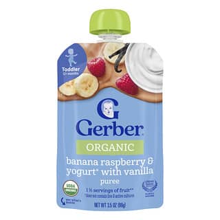 Gerber, Organic Puree, Bio-Püree, ab 12 Monaten, Banane-Himbeere und Joghurt mit Vanille, 99 g (3,5 oz.)