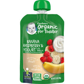 Gerber, Orgânico para Crianças Acima de 12 Meses, Banana, Framboesa e Iogurte com Baunilha, 99 g (3,5 oz)