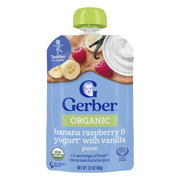 Gerber, 有機嬰兒食品，12 個月以上，香蕉樹莓和香草酸奶，3.5 盎司（99 克）