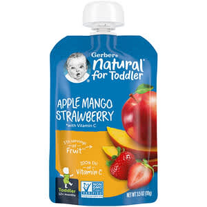 Gerber, Natural para niños pequeños, 12 meses en adelante, Manzana, mango, fresa con vitamina C, 99 g (3,5 oz)