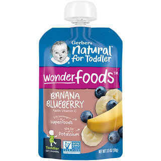Gerber, ナチュラル フォー トドラー、Wonder Foods（ワンダーフード）、生後12か月以上、バナナ、ブルーベリー、99g（3.5オンス）