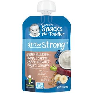 Gerber, Przekąski dla małych dzieci, rosnących silnych, powyżej 12 miesięcy, banan, jagoda, fioletowa, marchew, jogurt grecki, mieszanka zbóż, 99 g