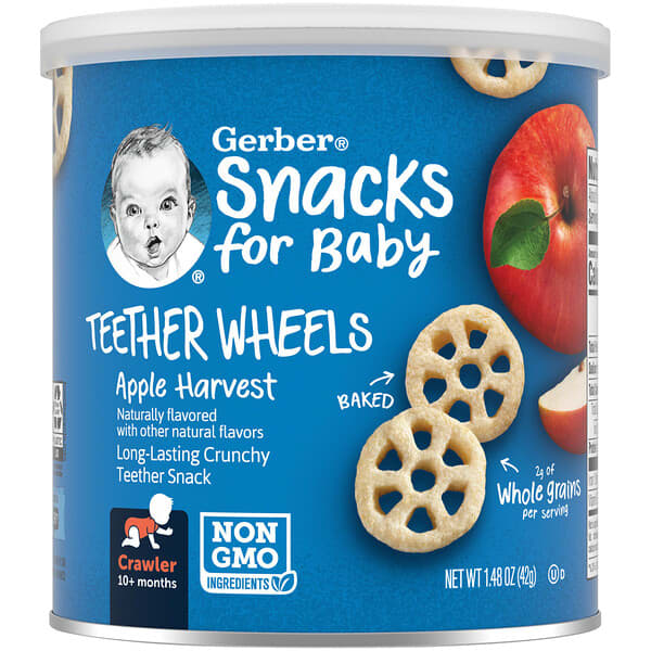 جيربر‏, وجبة خفيفة على شكل عجلات لمرحلة التسنين، للأطفال فما فوق 8 أشهر، محصود التفاح، 1.48 أونصة (42 جم)