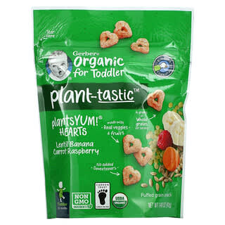 Gerber, Plant-tastic, Organic for Toddler, Puffed Grain Snack, Lentil, Banana, Carrot, Raspberry, 12+ Months, 1.48 oz (42 g)