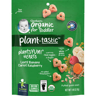 Gerber, Plant-tastic, Alimento orgánico para niños pequeños, Bocadillo de cereales inflados, Lentejas, plátano, zanahoria, frambuesa, 12 meses en adelante, 42 g (1,48 oz)