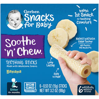 Gerber, Soothe 'N' Chew, Palitos para la dentición, 6 meses o más, Plátano, 6 palitos envueltos individualmente, 15 g (0,53 oz) cada uno