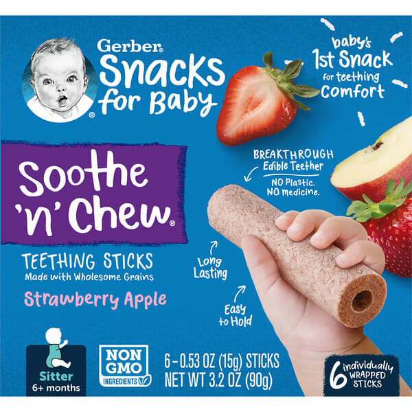 Gerber, 赤ちゃん用スナック、Soothe 'n' Chew（スーズアンドチュー）、歯固めスティック、生後6か月から、ストロベリーアップル、個包装スティック6本、各15g（0.53オンス）