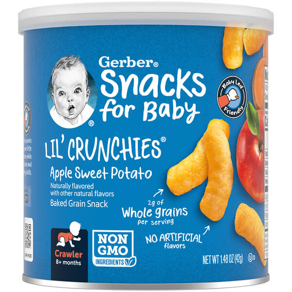 Gerber, 赤ちゃん用スナック、Lil' Crunchies（リトルクランチ）、穀物のベイクドスナック、生後8か月以上、リンゴとサツマイモ、42g（1.48オンス）