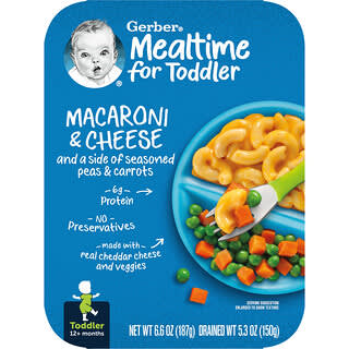 Gerber, Mealtime для малышей от 12 месяцев, макароны с сыром и гарниром из гороха и моркови, 187 г (6,6 унции)