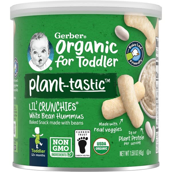 Gerber, 幼児向けオーガニック、Plant-Tastic（プラントタスティク）、Lil' Crunchies（リトルクランチ）、オーブンで焼き上げた豆のスナック、12か月以上のお子様、白豆フムス、45g（1.59オンス）