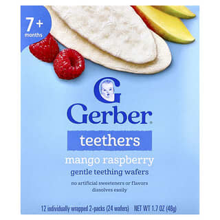 Gerber, Purulelut, hellävaraiset purulelulevyt, 7+ kuukautta, mango-vadelma, 12 yksittäin pakattua 2 kpl:n pakkausta, 0,14 oz (4 g) / pakkaus