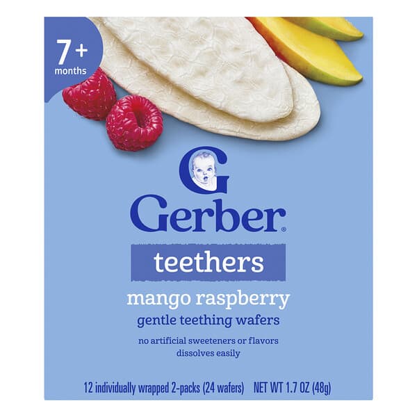 Gerber, Snacks for Baby, Teethers, Gentle Teething Wafers, 7+ Months, Mango Raspberry, 12 Individual