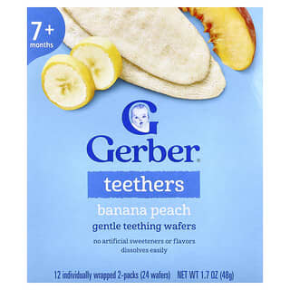 Gerber (거버), 티더, 부드러운 치아 발육 웨이퍼, 7개월 이상, 바나나 복숭아, 개별 포장된 2팩 12개, 각 4g(0.14oz)