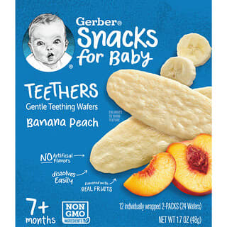 Gerber, 티더스, 부드러운 치아 발육 웨이퍼, 7개월 이상, 바나나 복숭아, 12팩, 각 웨이퍼 2개