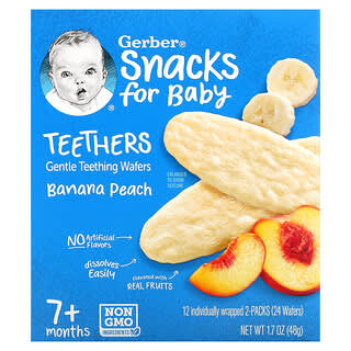 Gerber, Snacks for Baby, Teethers, Gentle Teething Wafers, 7+ Months, Banana Peach, 12 Individually Wrapped 2-Packs, 2 Wafers Each
