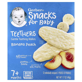 Gerber, Občerstvení pro miminko, kousátka, jemné kousací oplatky, 7 a více měsíců, banánová broskev, 12 jednotlivě balených 2 balení, po 2 oplatkách