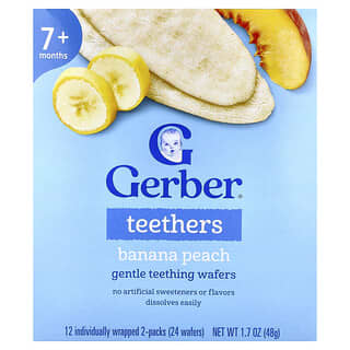 Gerber, 티더스, 부드러운 치아 발육 웨이퍼, 7개월 이상, 바나나 복숭아, 12팩, 각 웨이퍼 2개