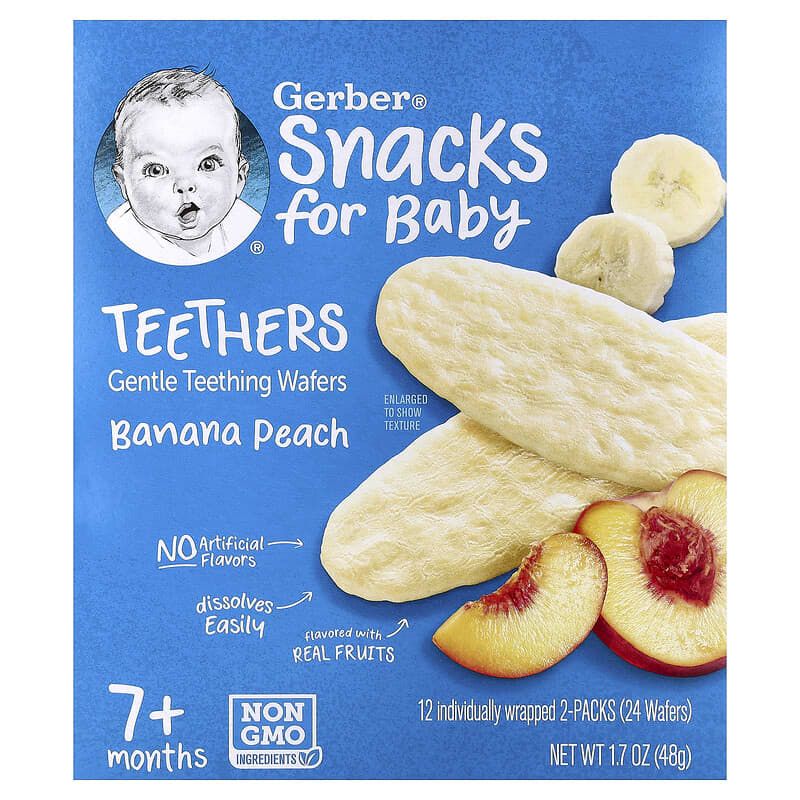 Snacks for Baby, Teethers, Gentle Teething Wafers, 7+ Months, Banana Peach,  12 Individually Wrapped 2-Packs, Wafers Each