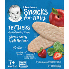Gerber, Детские снеки, прорезыватели, вафли для защиты зубов, от 7 месяцев, клубника, яблоко и шпинат, 12 пакетиков по 2 шт. В индивидуальной упаковке, по 2 вафли