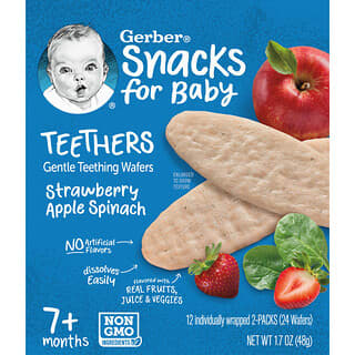 Gerber, Snacks für Babys, Beißringe, sanfte Zahnungswaffeln, ab 7 Monaten, Erdbeer-Apfel-Spinat, 12 einzeln verpackte 2er-Packs, je 2 Waffeln