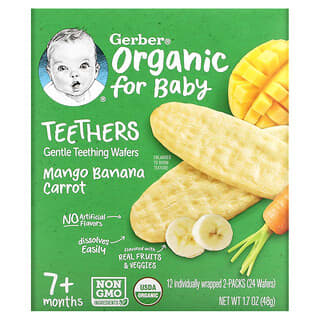 Gerber, органические прорезыватели, вафли для мягкого прорезывания зубов, от 7 месяцев, манго, банан, морковь, 12 пакетиков по 2 вафли в каждом
