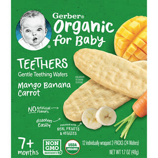 Gerber, Mordedores orgánicos, Obleas suaves para la dentición, Más de 7 meses, Mango, plátano y zanahoria, 12 paquetes, 2 obleas cada uno