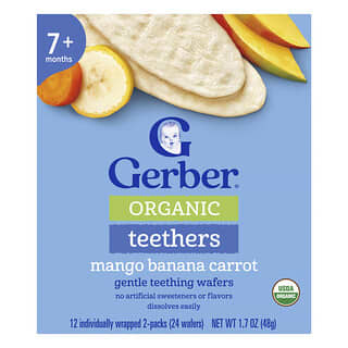 Gerber, Organic for Baby, Gentle Teething Wafers, 7+ Months, Mango Banana Carrot, 12 Individually Wrapped 2-Packs, 2 Wafers Each