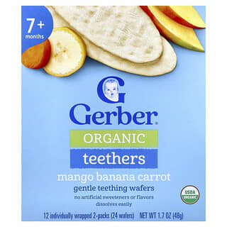 Gerber, Bocadillos orgánicos, Obleas para la dentición suave, 7 meses en adelante, Mango, plátano y zanahoria, 12 paquetes en envoltorios individuales, 4 g (0,14 oz) cada uno
