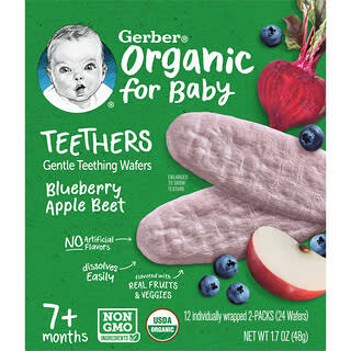 Gerber, органічні прорізувачі, вафлі для прорізування зубів, від 7 місяців, лохина, яблуко, буряк, 12 пакетиків, по 2 вафлі в кожному