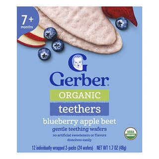 Gerber, Organic for Baby, Teethers, Gentle Teething Wafers, 7+ Months, Blueberry Apple Beet, 12 Individually Wrapped 2-Packs, 2 Wafers Each