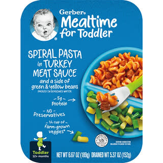 Gerber, Mahlzeiten für Kleinkinder ab 12 Monaten, Spiralnudeln in Putenfleischsoße und einer Seite mit grünen und gelben Bohnen, 189 g (6,67 oz.)