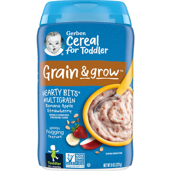 Gerber, 幼児向けシリアル、Grain & Grow（グレイン＆グロー）、Hearty Bits（ハーティービッツ）マルチグレイン、生後12か月以上、バナナ、リンゴ、イチゴ、227g（8オンス）