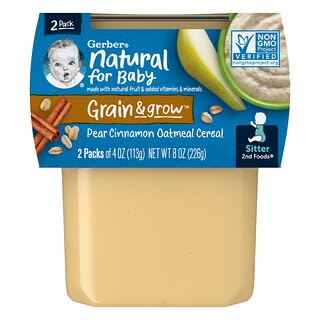 Gerber, Natural para el bebé, Grain & Grow, 2nd Foods, Cereal de avena con pera, canela, Paquete de 2, 113 g (4 oz) cada uno